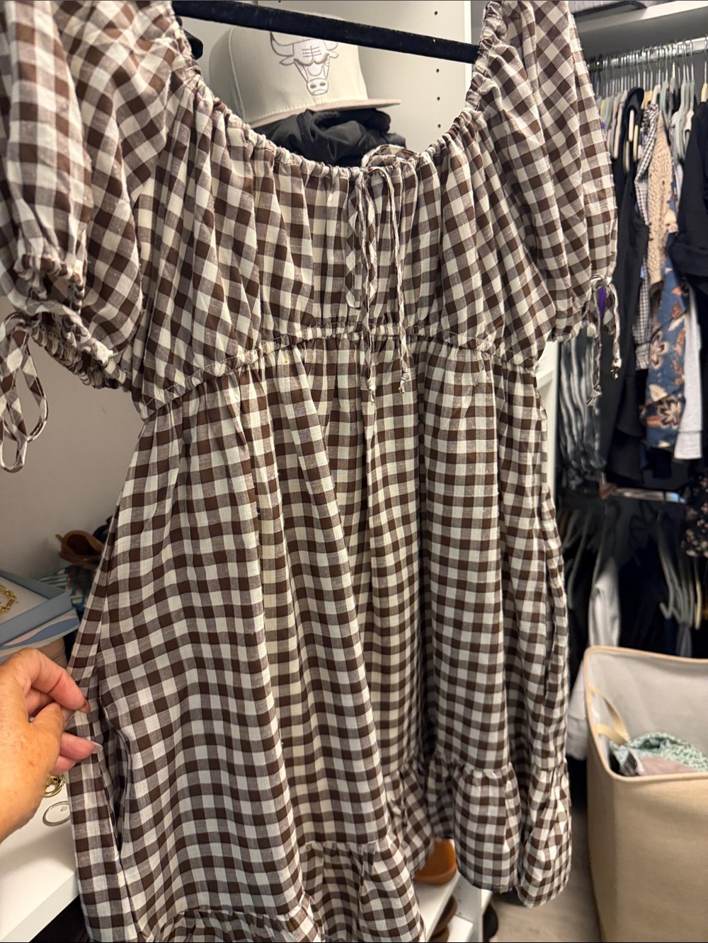 Gingham Puff Sleeve Tie-Front Midi Dress
